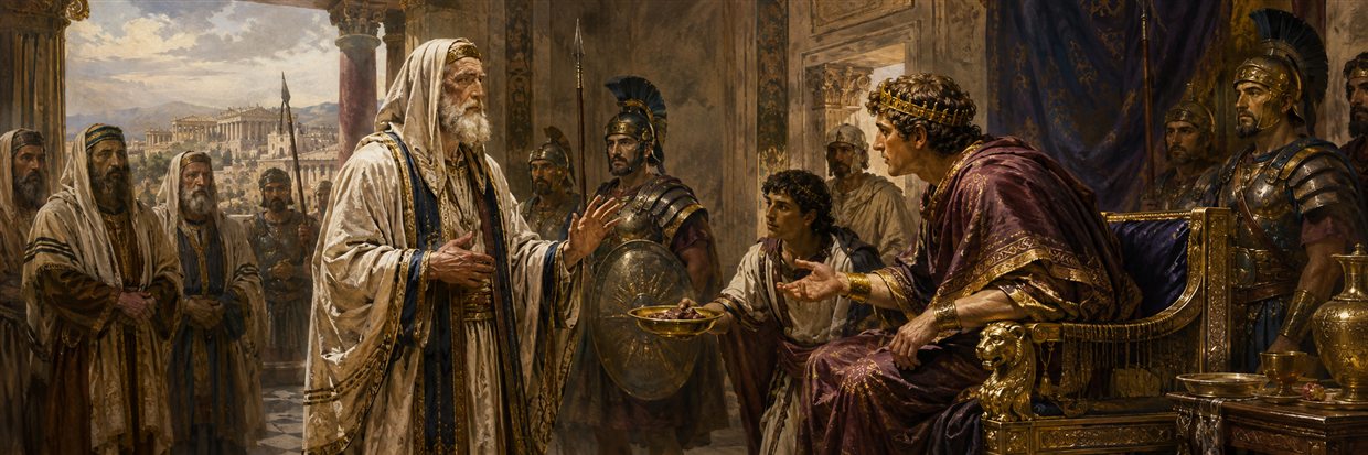The elderly Eleazar calmly refuses forbidden food while reasoning with Antiochus before the royal tribunal